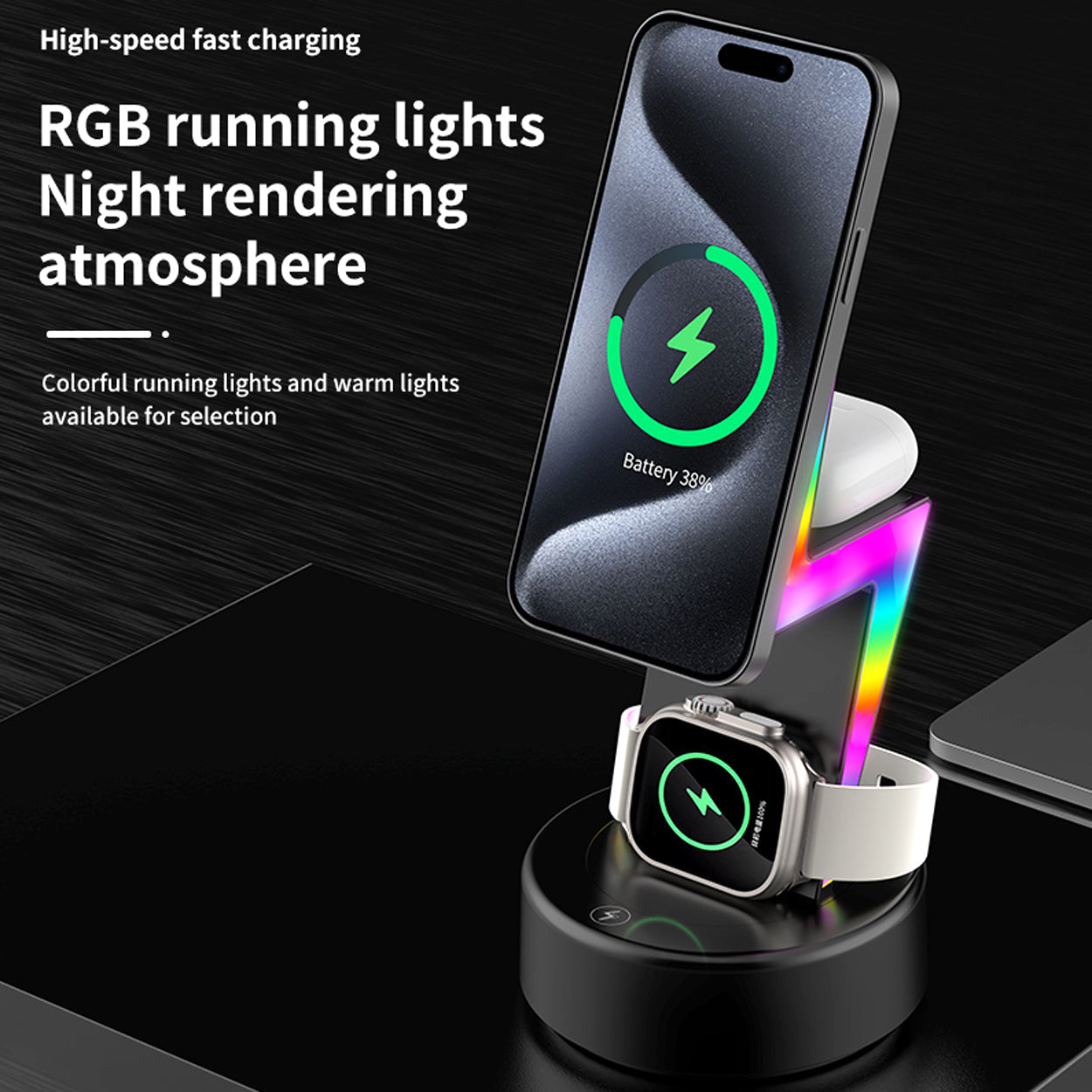 15W Magnetic Wireless Charging Station - RGB Lightning Bolt - 2